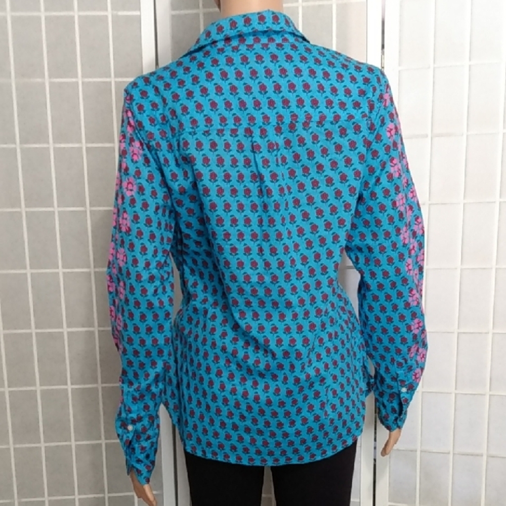 J. Crew Re-imagined Blue Button-up Floral Shirt with Pink Floral Accents WMNS -M - Picture 4 of 15